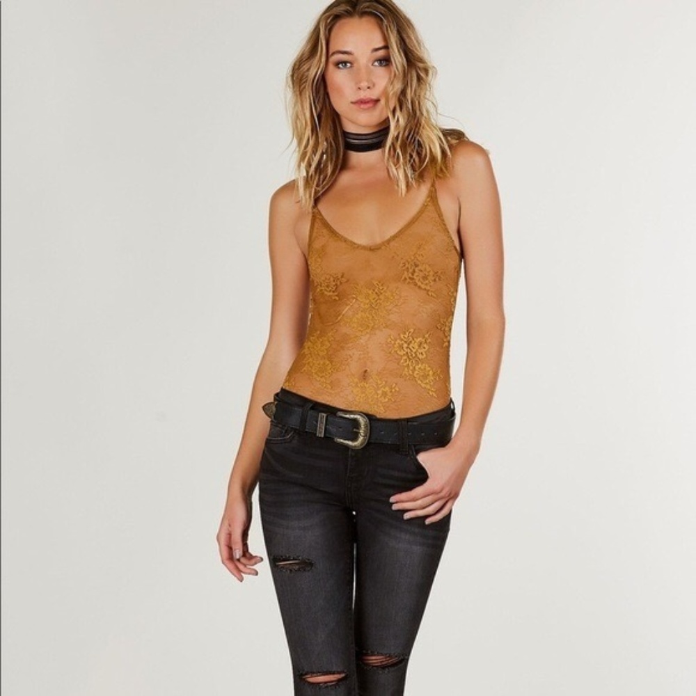 Honey Punch Mustard Lace Bodysuit